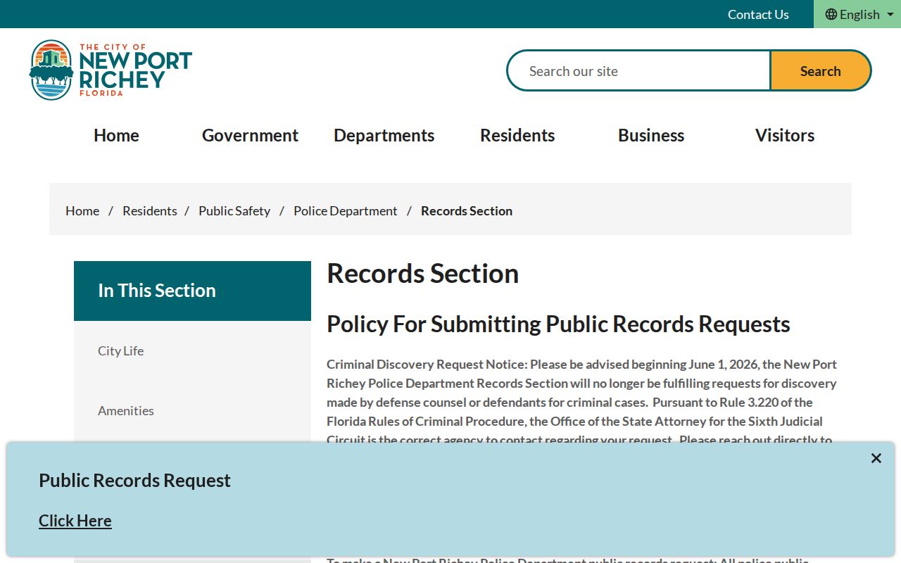 New Port Richey Police Records Section for Pasco County arrest reports