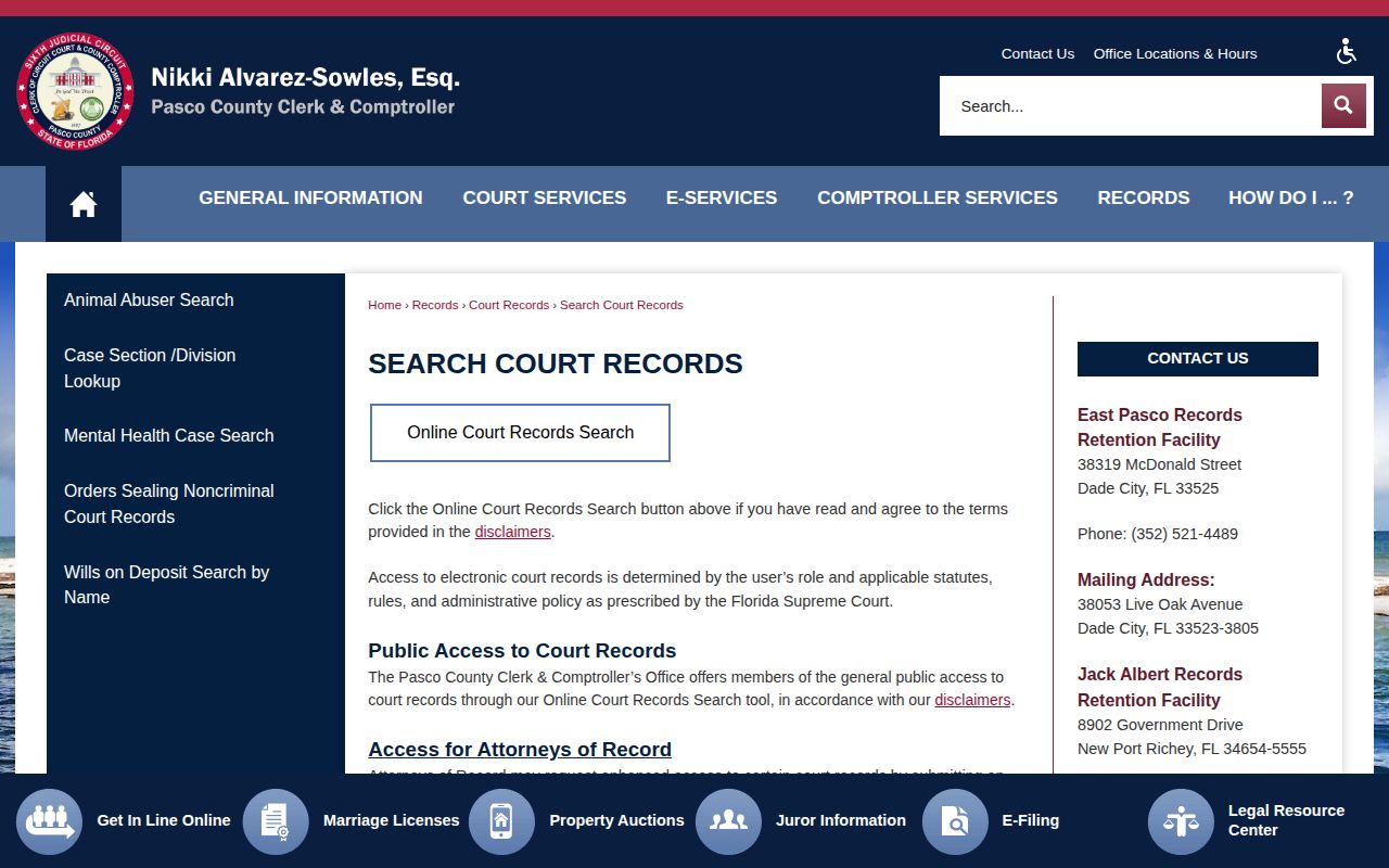 Pasco County Clerk arrest case and disposition search gateway