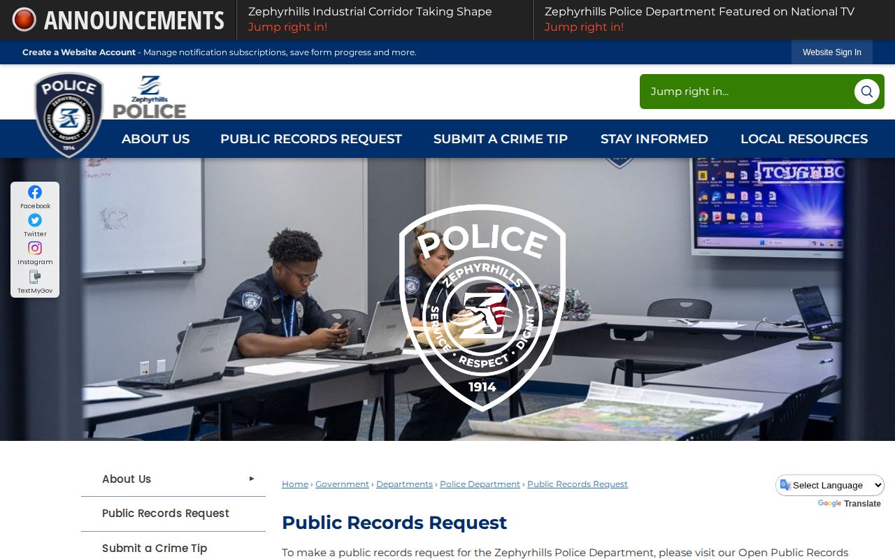 Zephyrhills public request portal for police arrest records in Pasco County