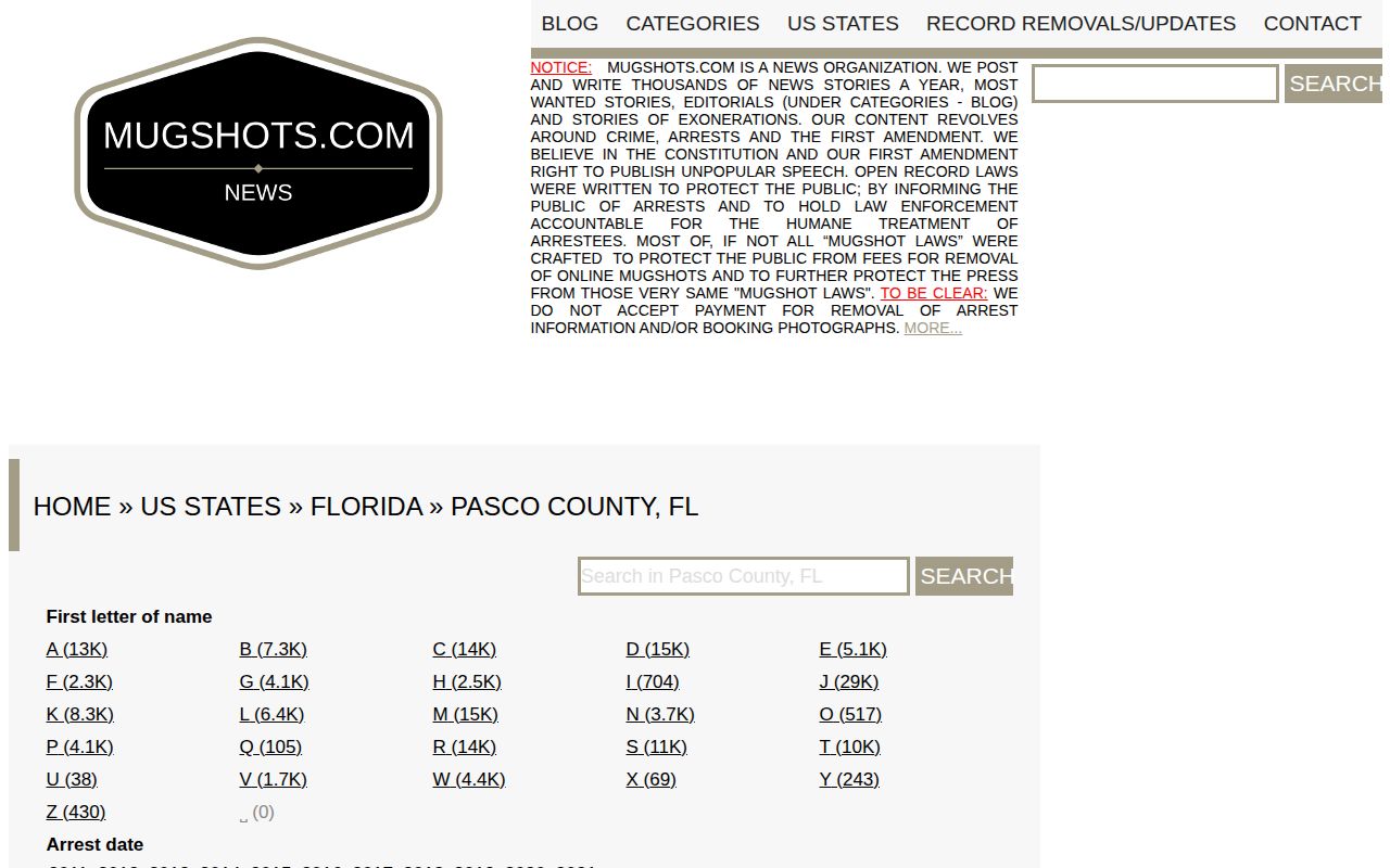 Unofficial Mugshots.com Pasco County arrest index