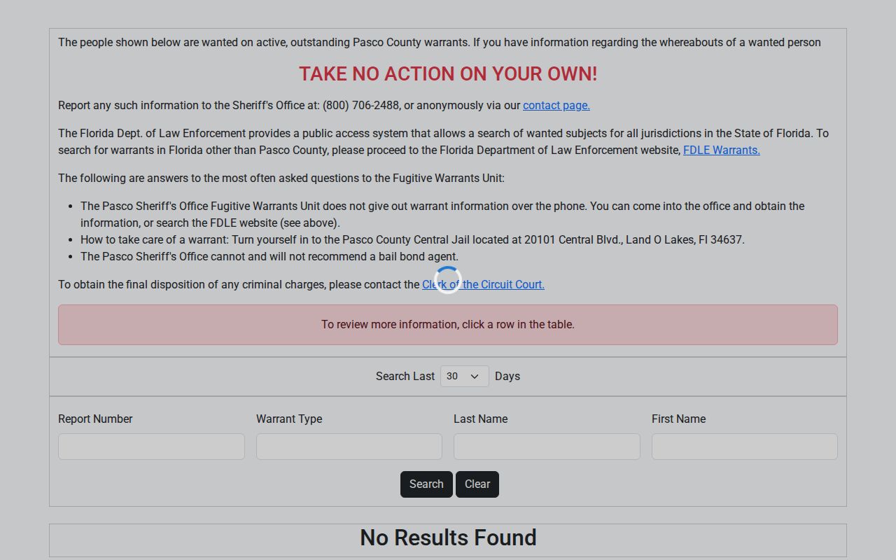 Pasco County active warrant search interface