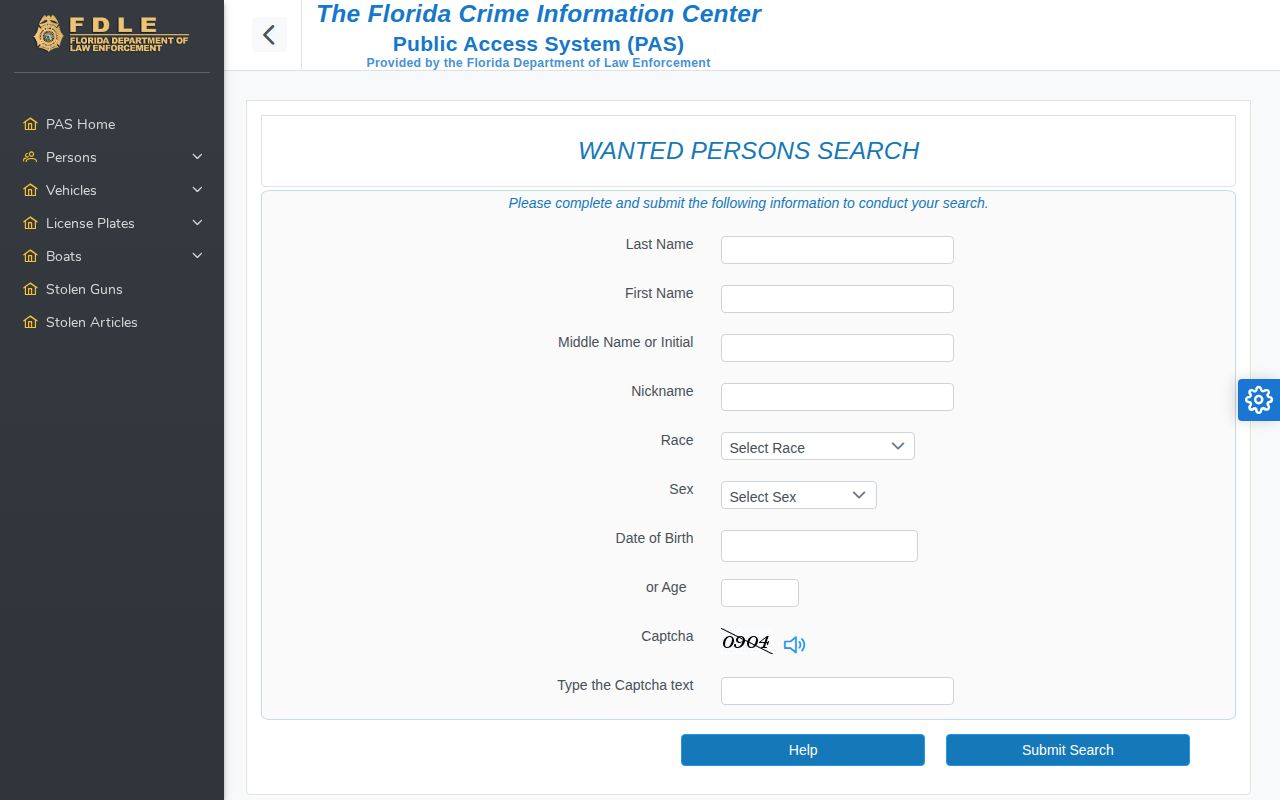 FDLE wanted person search for Pasco County warrant records
