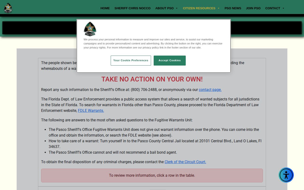 Pasco County Sheriff's active warrant record instructions